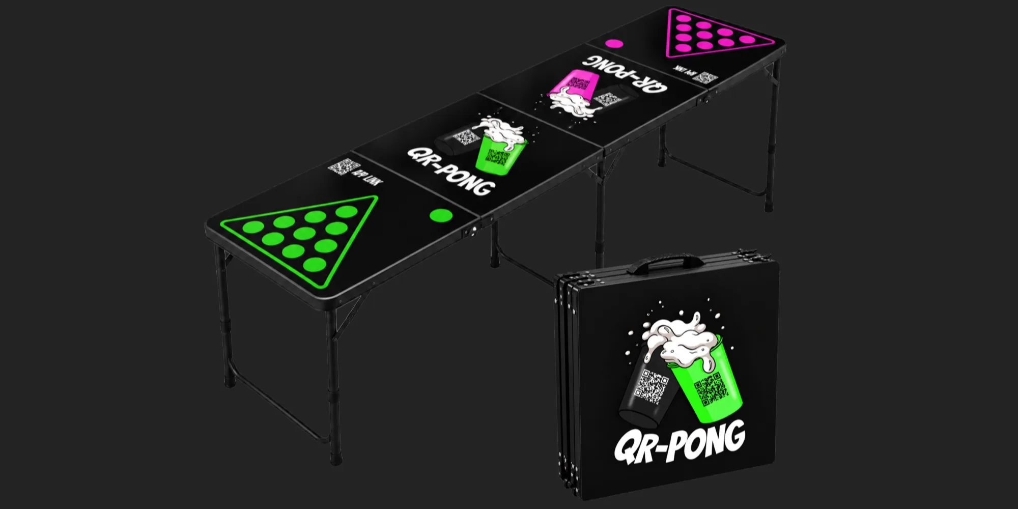 Schwarzer QR-PONG Beer-Pong-Tisch mit grünen und pinken Akzenten, aufgeklappt und zusammengeklappt